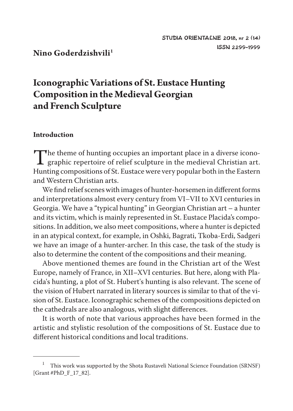 Iconographic Variations of St. Eustace Hunting Composition in the Medieval Georgian and French Sculpture