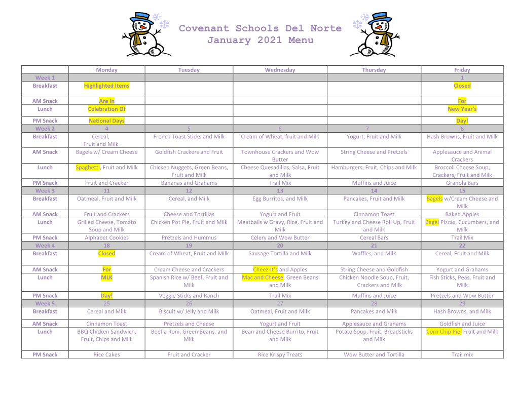 Covenant Schools Del Norte January 2021 Menu