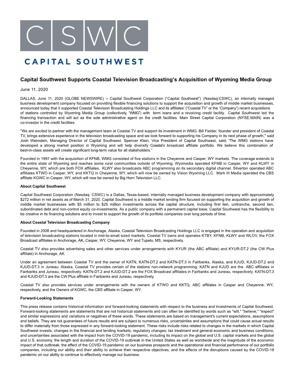 Capital Southwest Supports Coastal Television Broadcasting's
