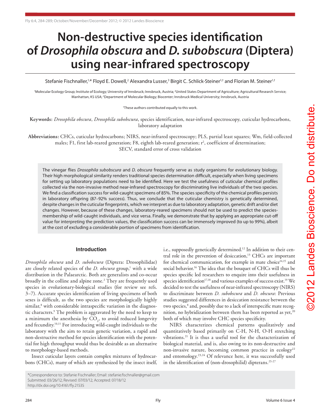 Non-Destructive Species Identification of Drosophila Obscura and D. Subobscura (Diptera) Using Near-Infrared Spectroscopy