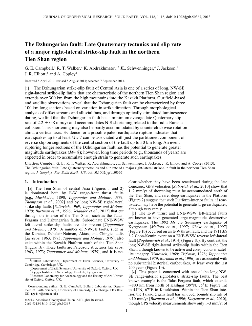 The Dzhungarian Fault: Late Quaternary Tectonics and Slip Rate of a Major Right-Lateral Strike-Slip Fault in the Northern Tien Shan Region G