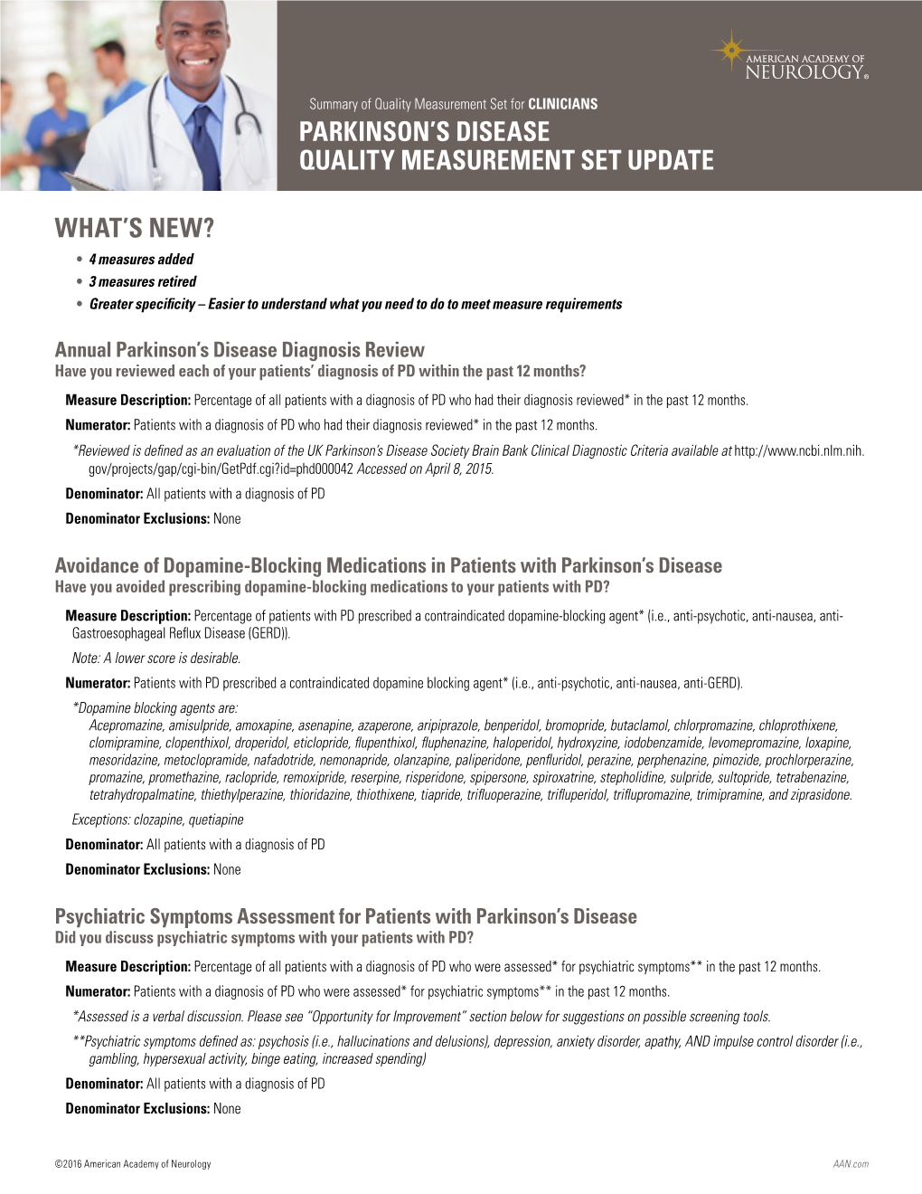 Parkinson's Disease Quality Measurement Set Update