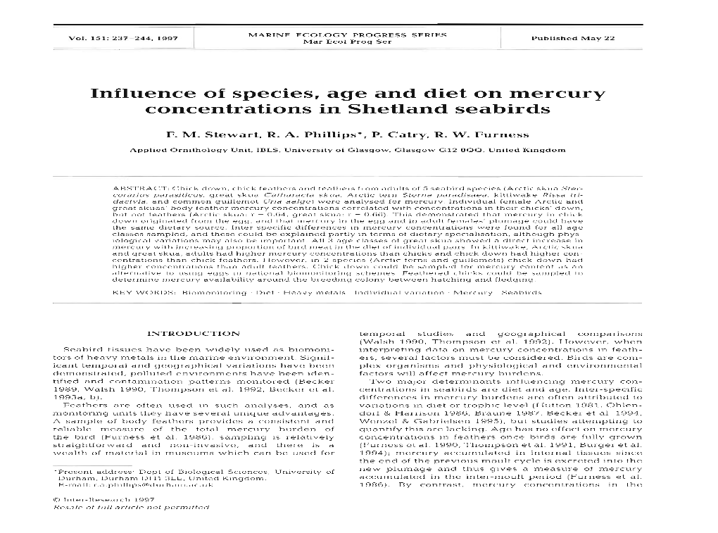 Influence of Species, Age and Diet on Mercury Concentrations in Shetland Seabirds