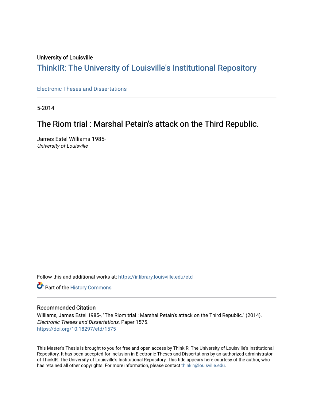 The Riom Trial : Marshal Petain's Attack on the Third Republic