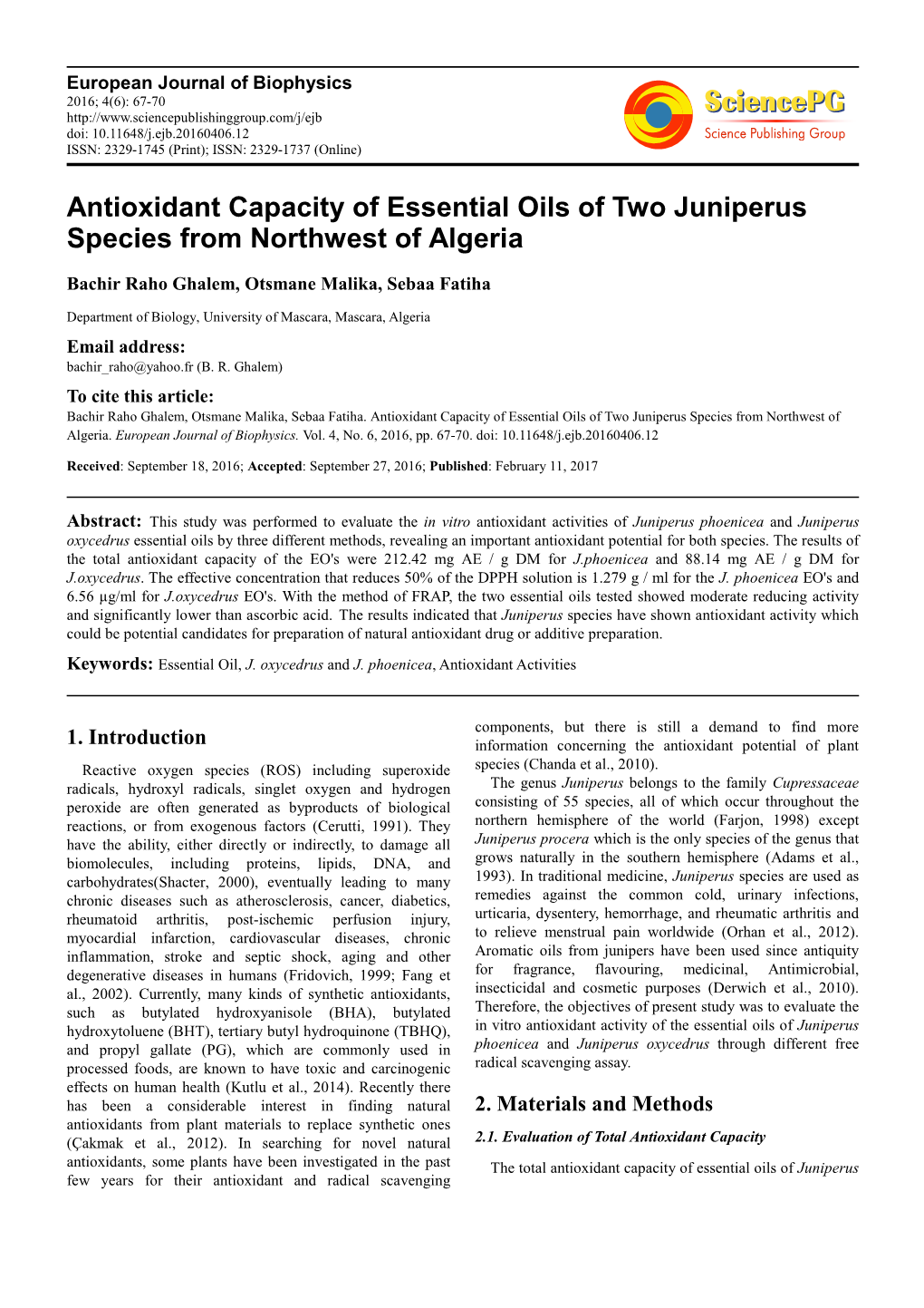 Antioxidant Capacity of Essential Oils of Two Juniperus Species from Northwest of Algeria
