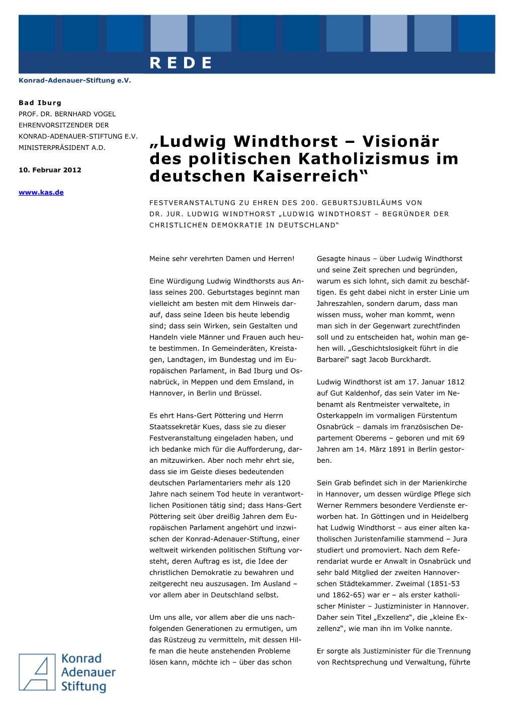 Ludwig Windthorst – Visionär Des Politischen Katholizismus Im 10