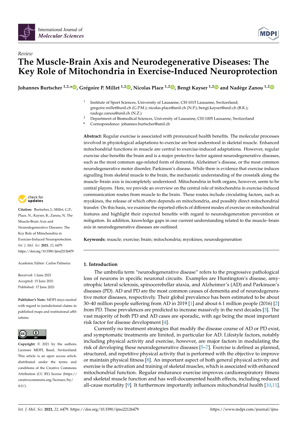 The Muscle-Brain Axis and Neurodegenerative Diseases: the Key Role of Mitochondria in Exercise-Induced Neuroprotection