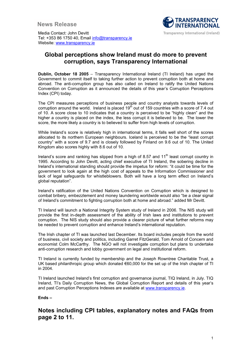 News Release Media Contact: John Devitt Tel: +353 86 1750 40, Email Info@Transparency.Ie Website