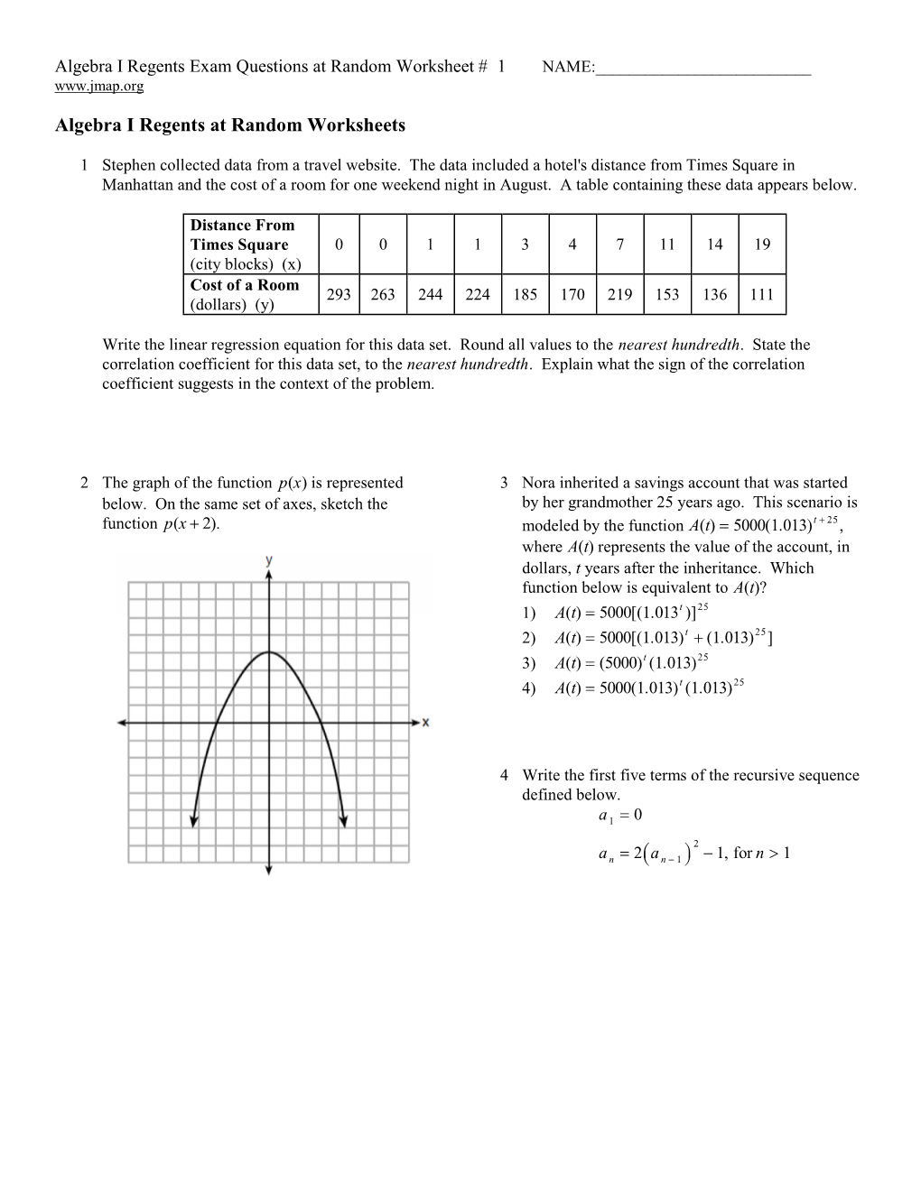 Algebra I Regents Exam Questions at Random Worksheet # 1 NAME:______