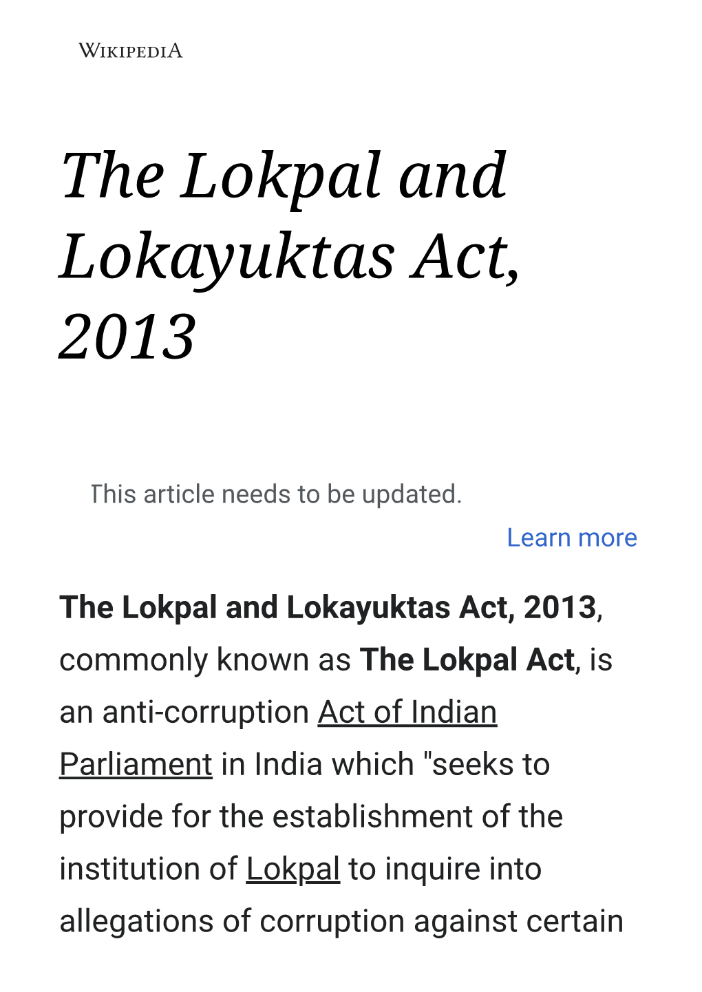 The Lokpal and Lokayuktas Act, 2013