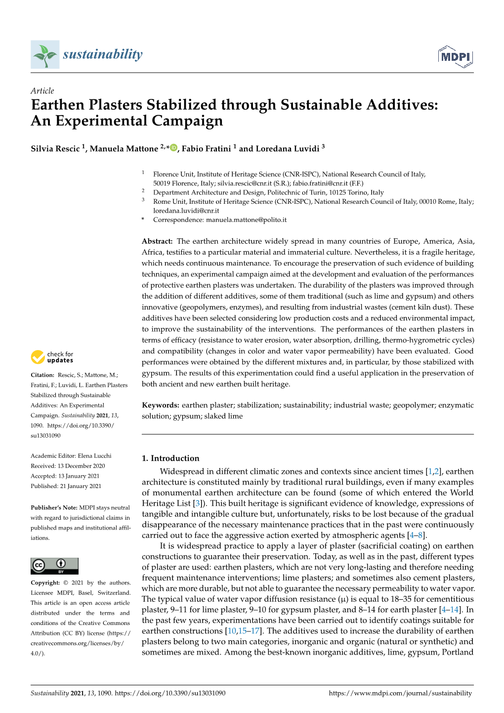 Earthen Plasters Stabilized Through Sustainable Additives: an Experimental Campaign