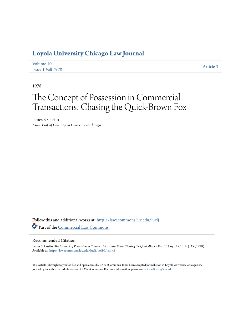 The Concept of Possession in Commercial Transactions: Chasing the Quick-Brown Fox, 10 Loy