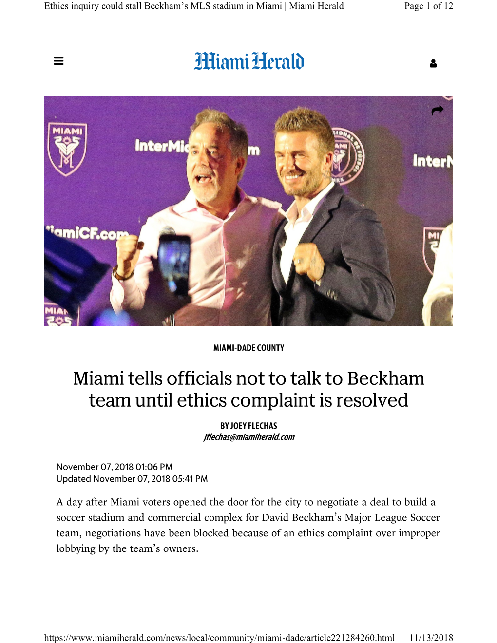 Miami Tells Officials Not to Talk to Beckham Team Until Ethics Complaint Is Resolved