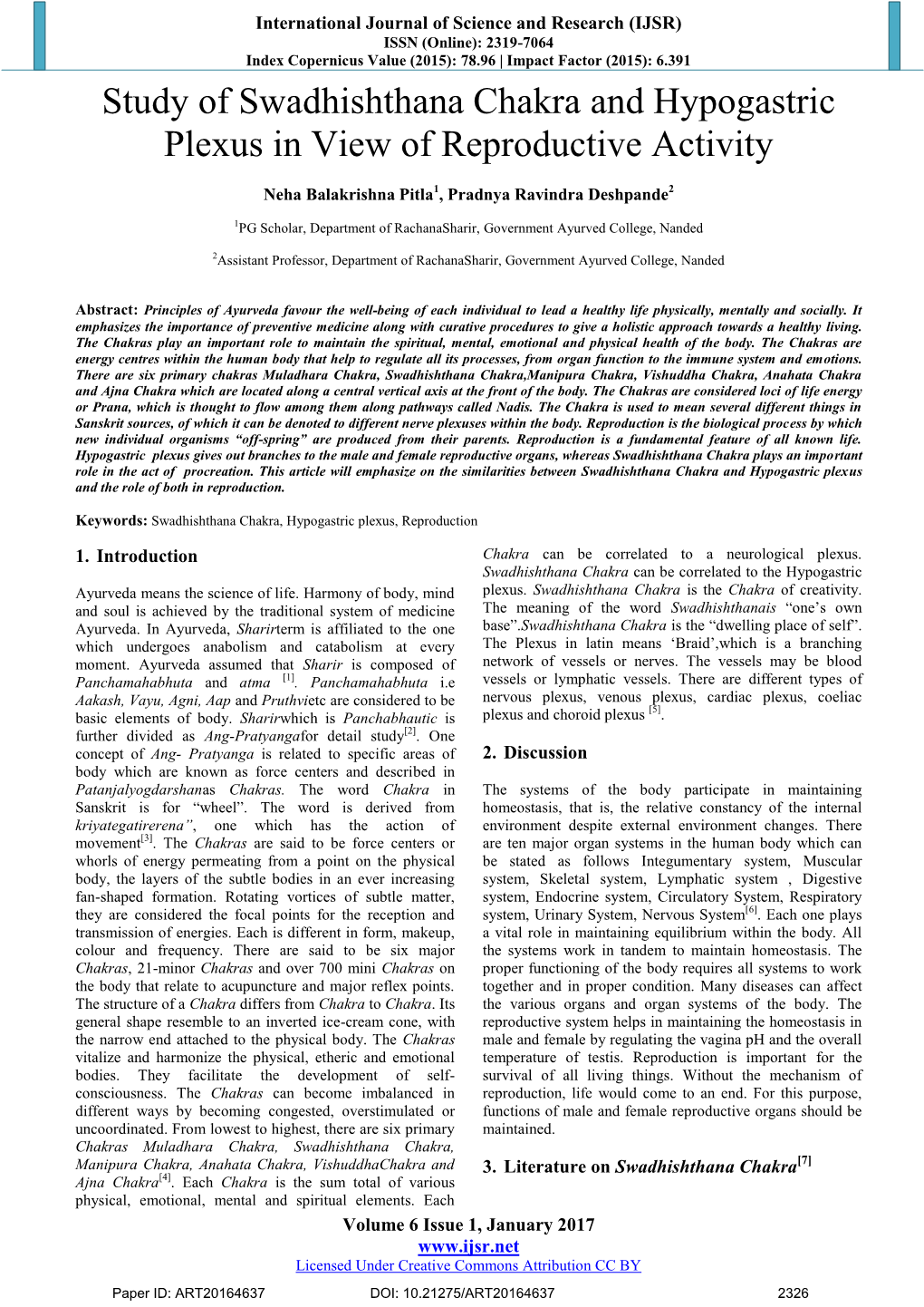 Study of Swadhishthana Chakra and Hypogastric Plexus in View of Reproductive Activity