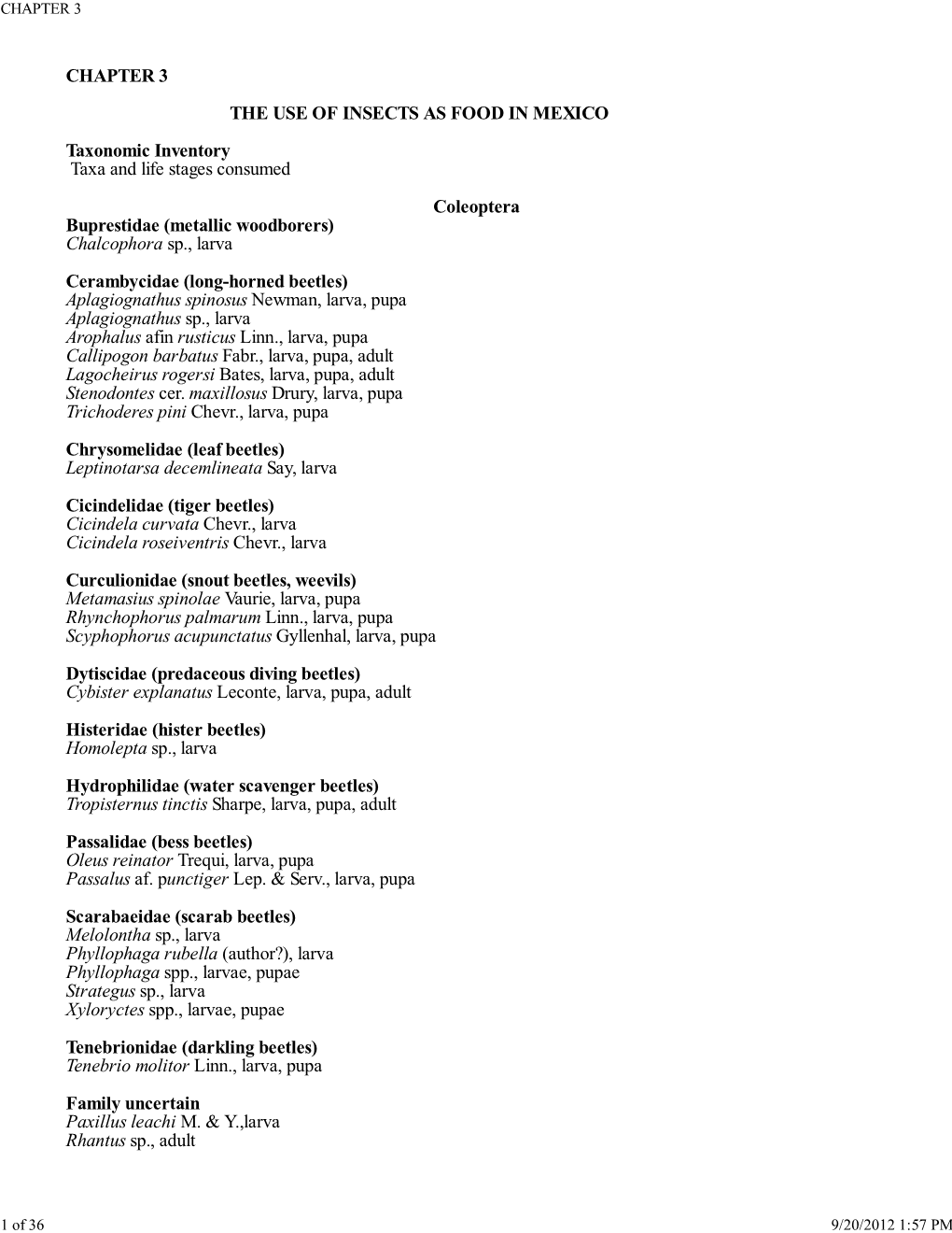 CHAPTER 3 the USE of INSECTS AS FOOD in MEXICO Taxonomic