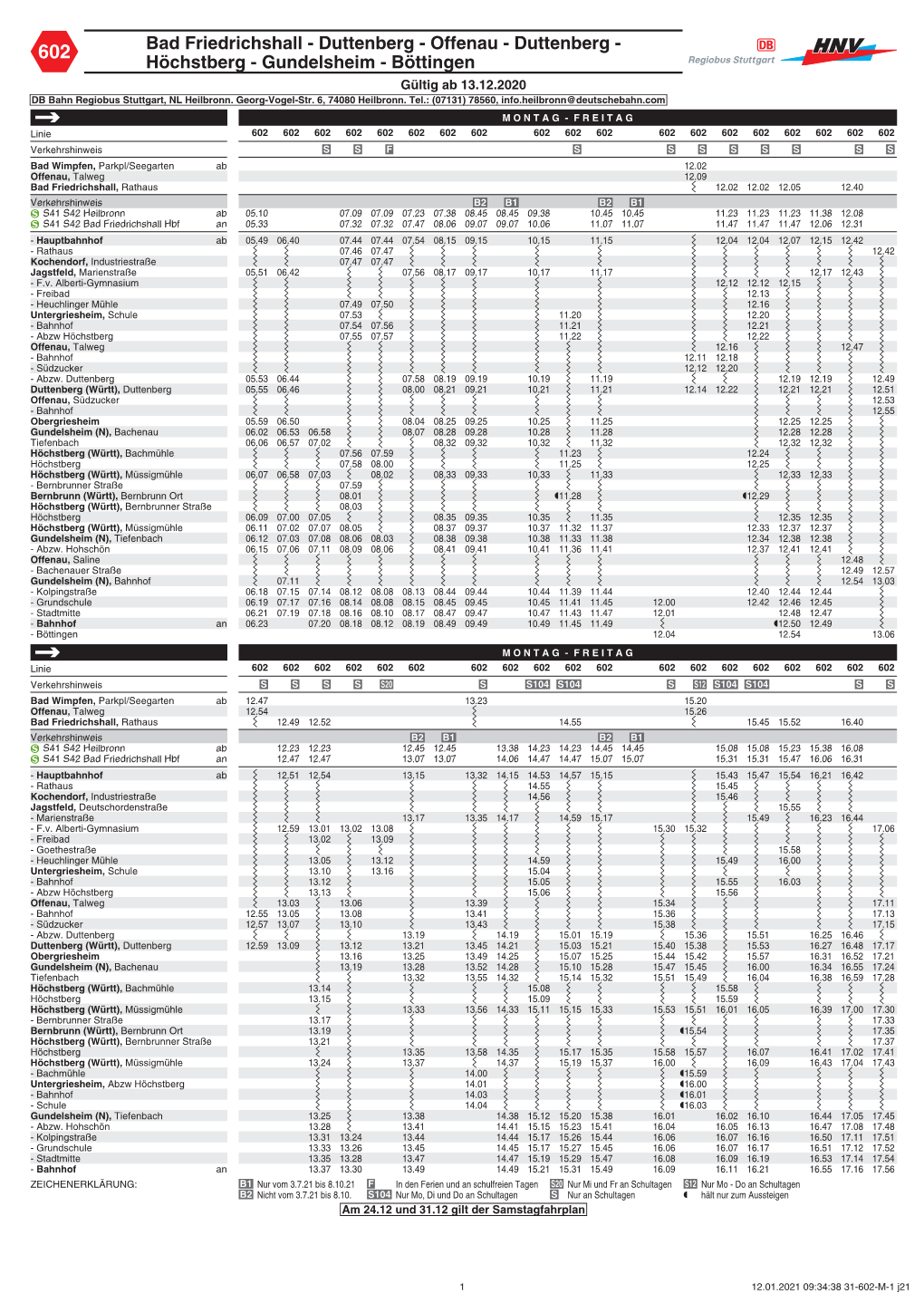 Bad Friedrichshall - Duttenberg - Offenau - Duttenberg - Höchstberg - Gundelsheim - Böttingen Gültig Ab 13.12.2020 DB Bahn Regiobus Stuttgart, NL Heilbronn