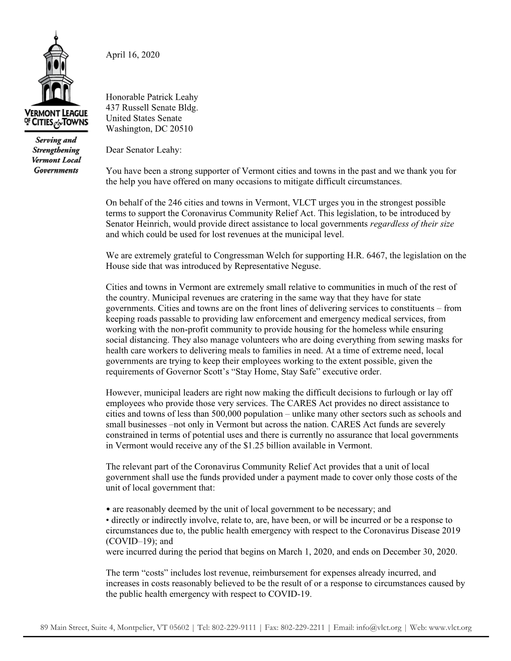 April 16, 2020 Honorable Patrick Leahy 437 Russell Senate Bldg. United States Senate Washington, DC 20510 Dear Senator Leahy: Yo