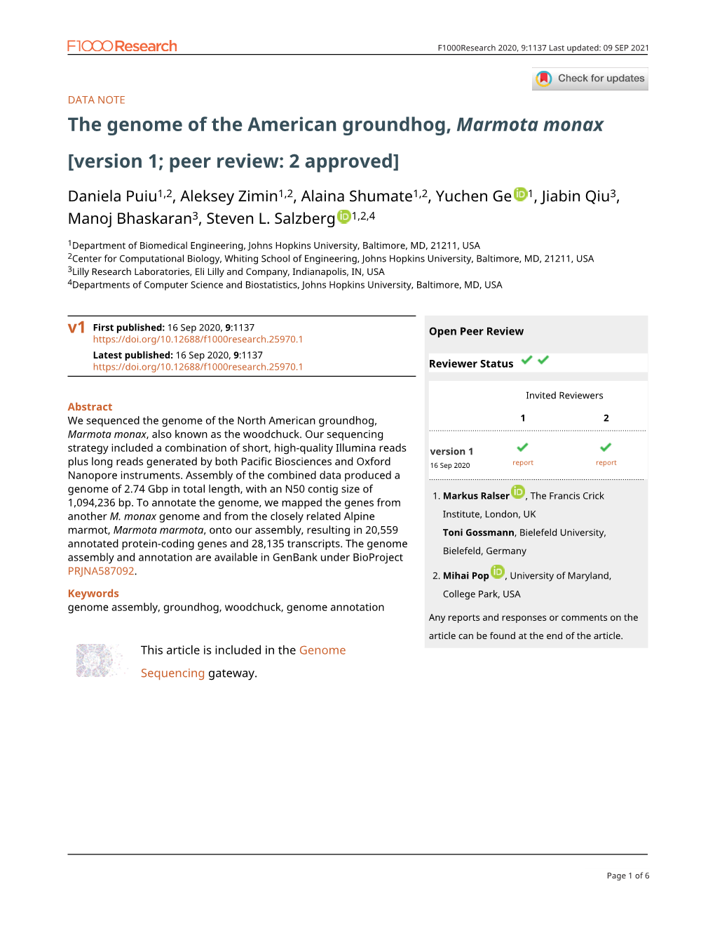 The Genome of the American Groundhog, Marmota Monax [Version 1; Peer Review: 2 Approved]