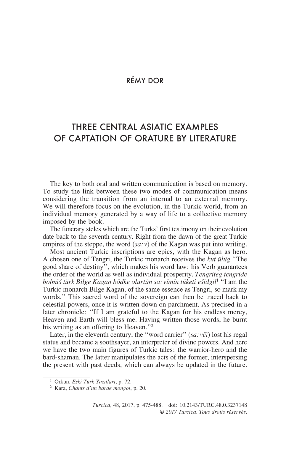 Three Central Asiatic Examples of Captation of Orature by Literature