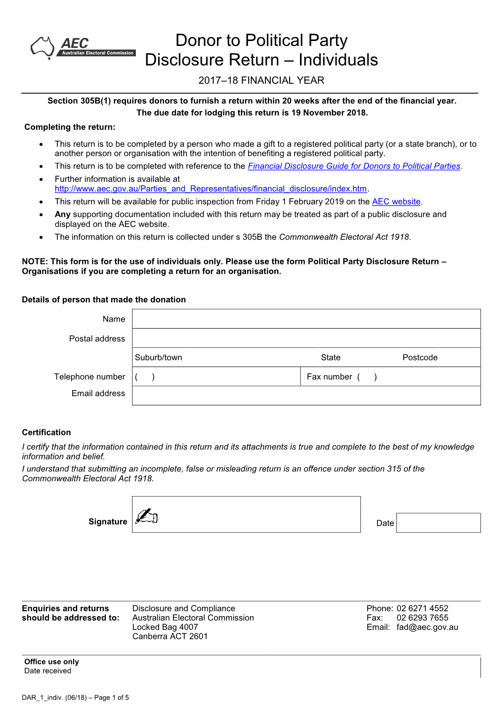 Donor to Political Party Return Form