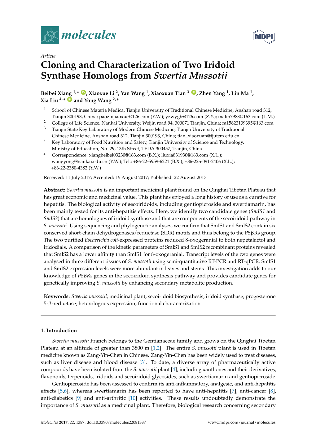 Cloning and Characterization of Two Iridoid Synthase Homologs from Swertia Mussotii