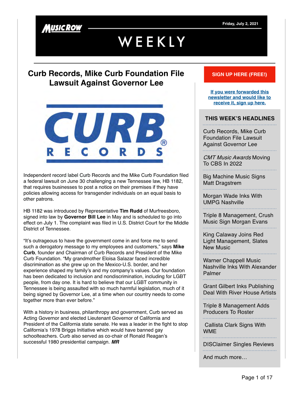 Curb Records, Mike Curb Foundation File Lawsuit Against Governor Lee