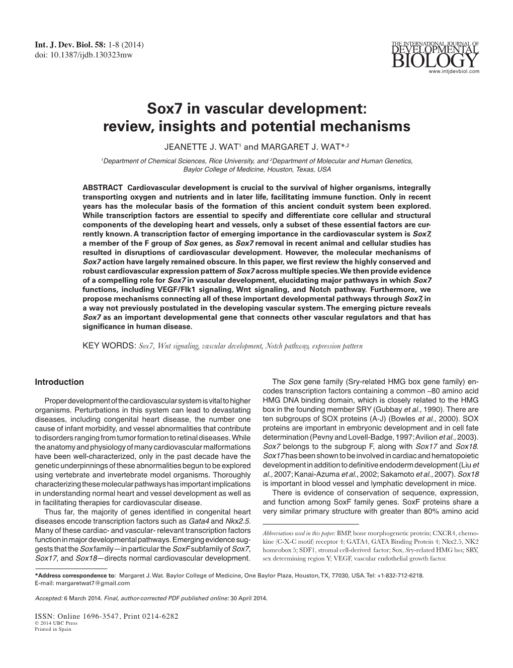 Sox7 in Vascular Development: Review, Insights and Potential Mechanisms JEANETTE J