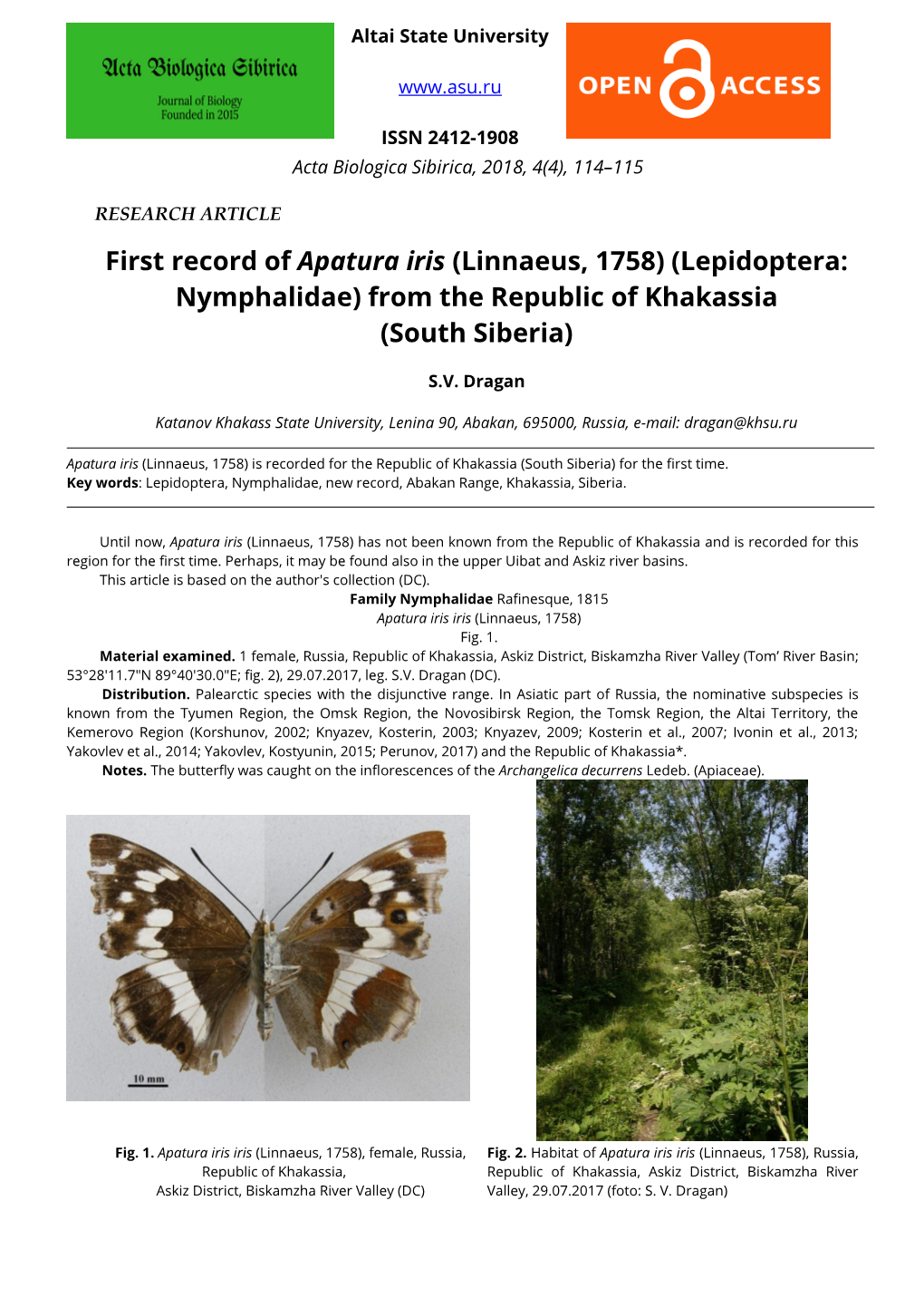 First Record of Apatura Iris (Linnaeus, 1758) (Lepidoptera: Nymphalidae) from the Republic of Khakassia (South Siberia)