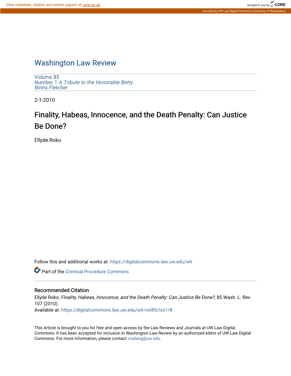 Finality, Habeas, Innocence, and the Death Penalty: Can Justice Be Done?