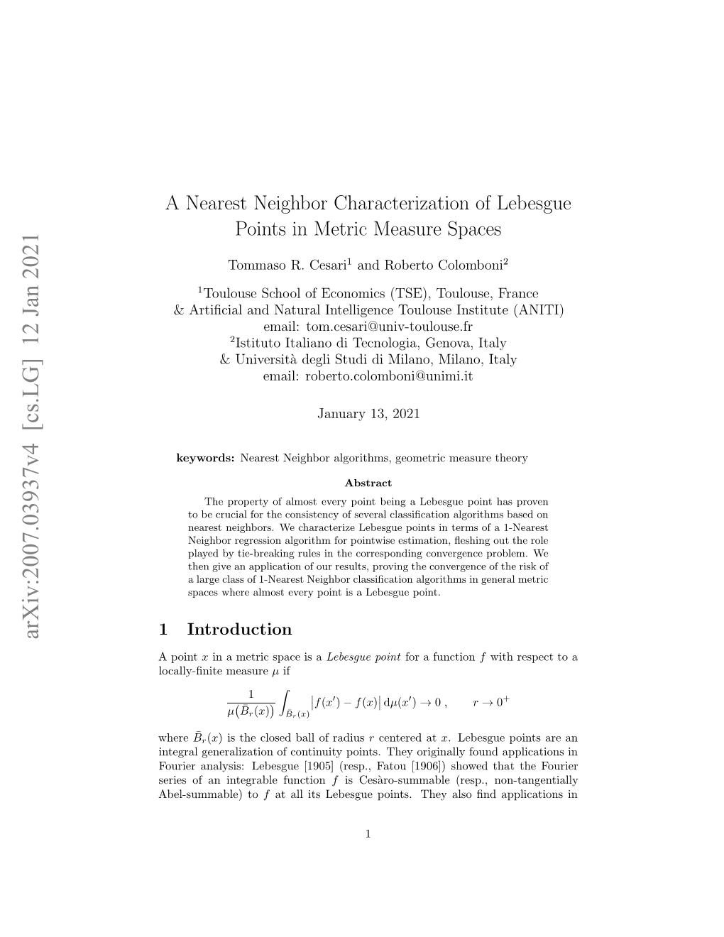 Arxiv:2007.03937V4 [Cs.LG] 12 Jan 2021 Where Point a Blsmal)To Abel-Summable) Introduction 1 Oal-Nt Measure Locally-ﬁnite Ore Nlss Eege[95 Rs