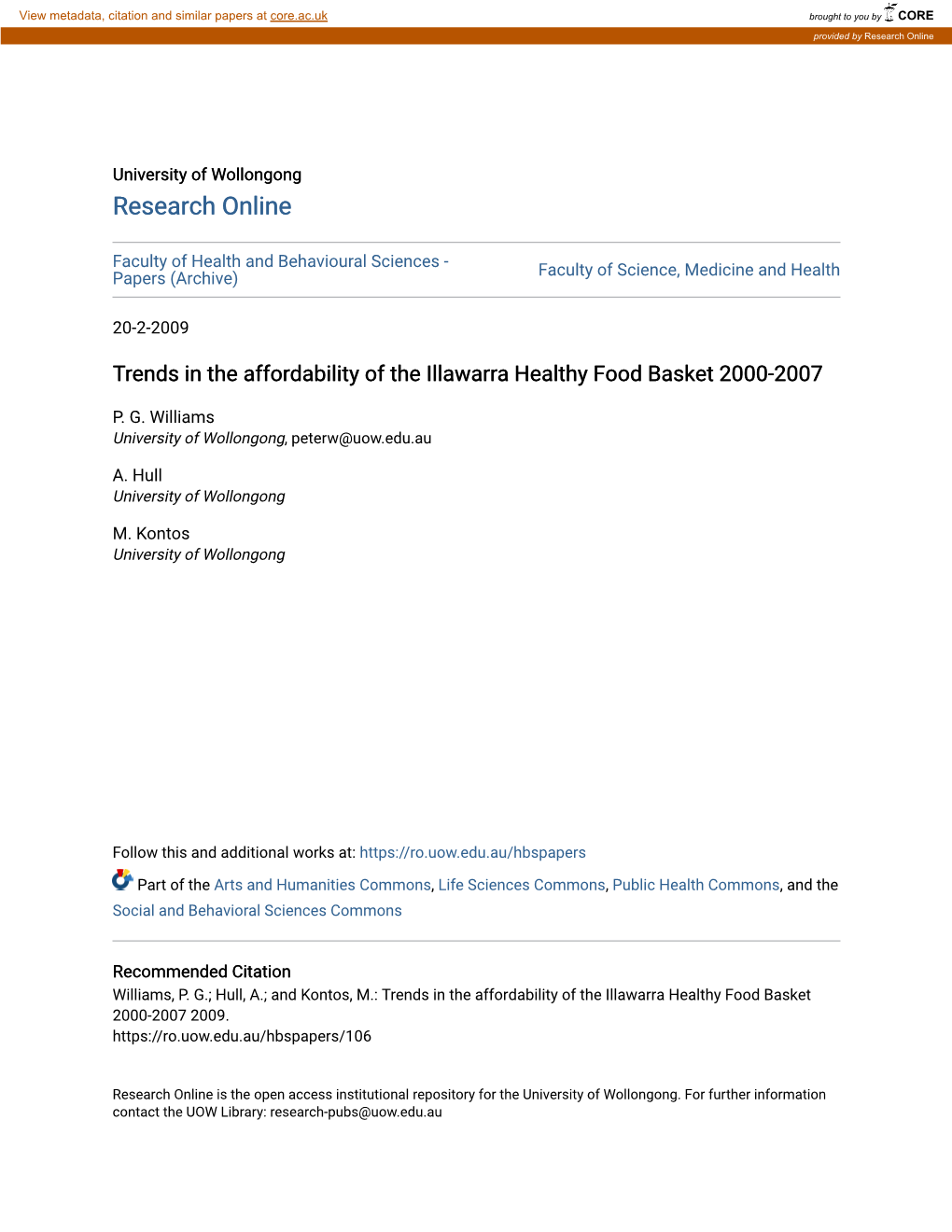 Trends in the Affordability of the Illawarra Healthy Food Basket 2000-2007