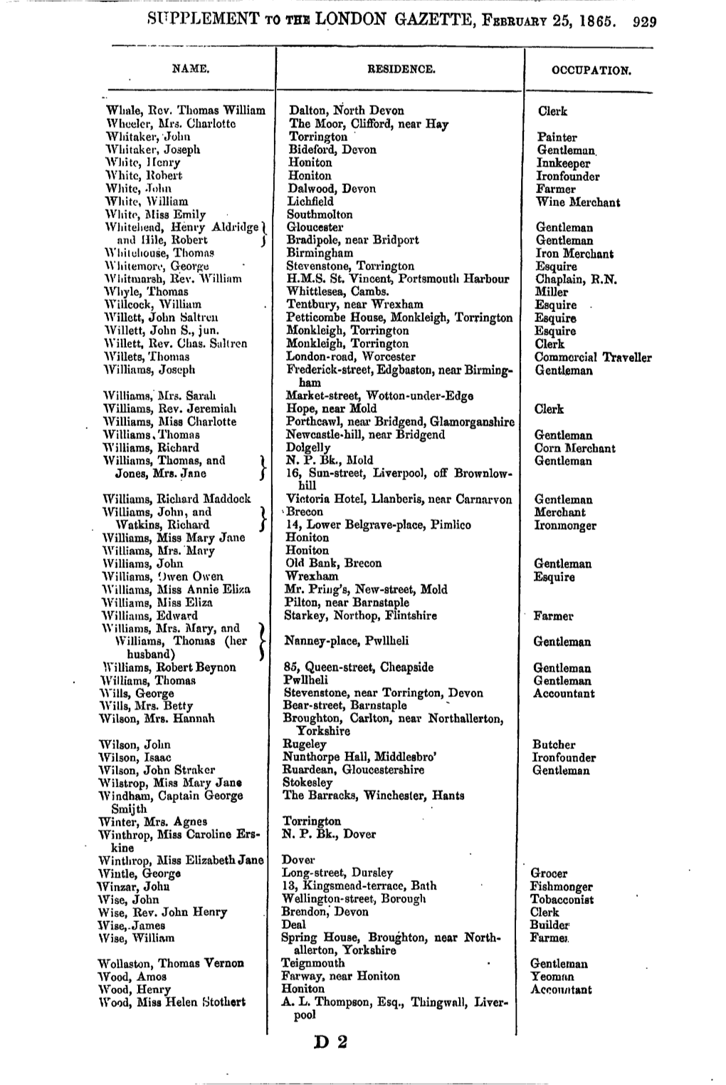 Supplement to the London Gazette, February 25, 1865. 929