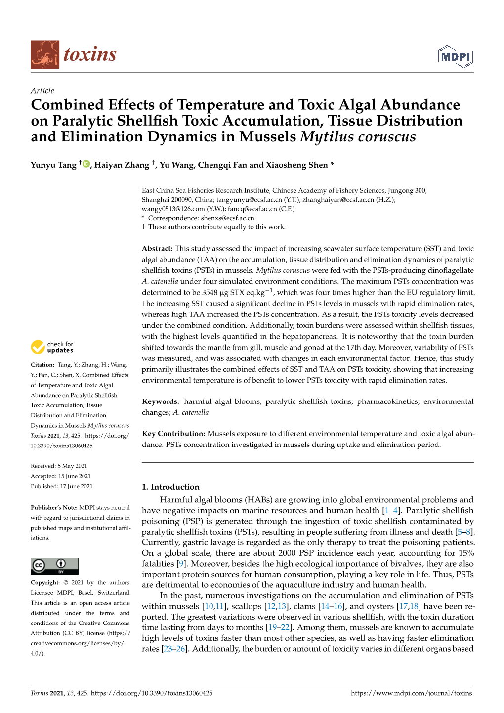 Combined Effects of Temperature and Toxic Algal Abundance on Paralytic