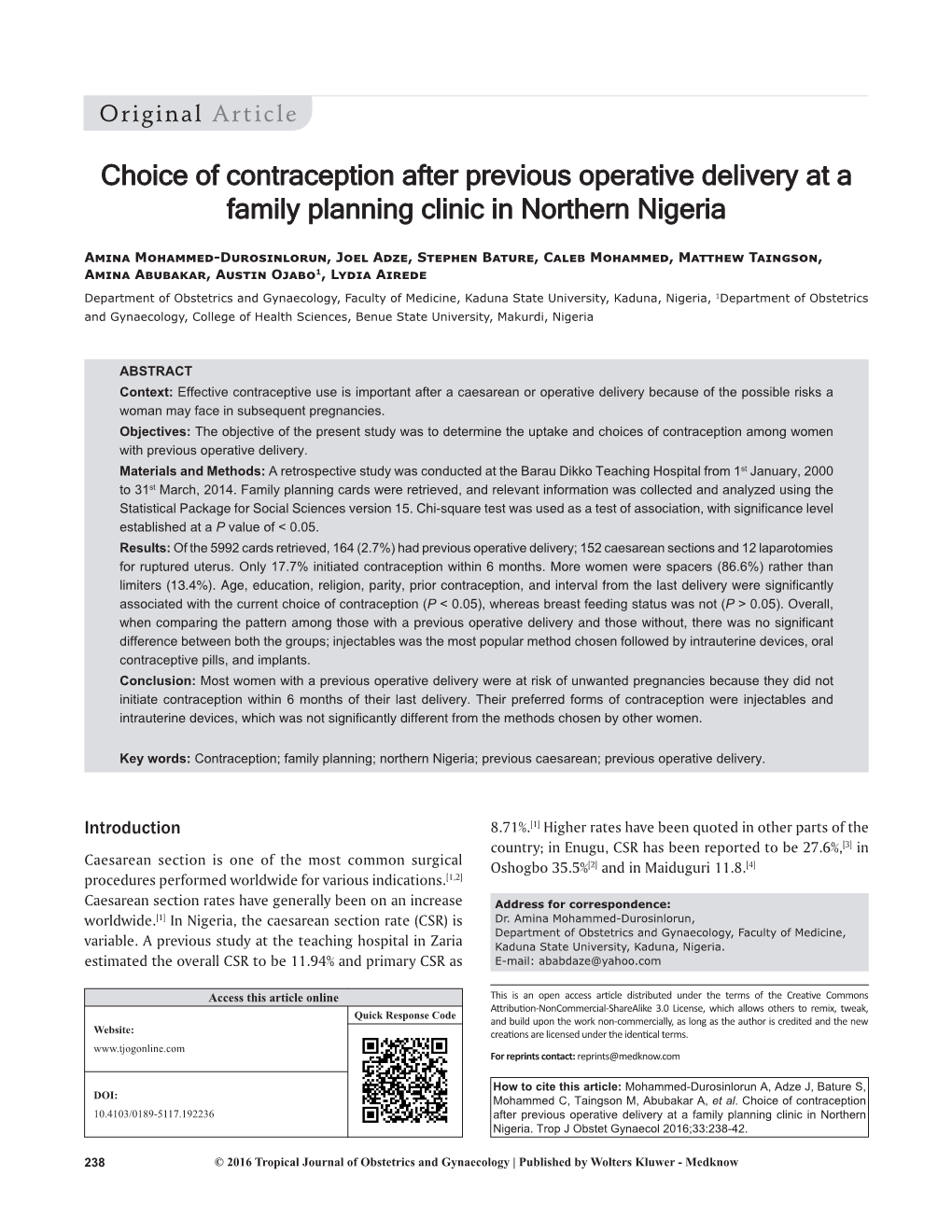 Choice of Contraception After Previous Operative Delivery at a Family Planning Clinic in Northern Nigeria