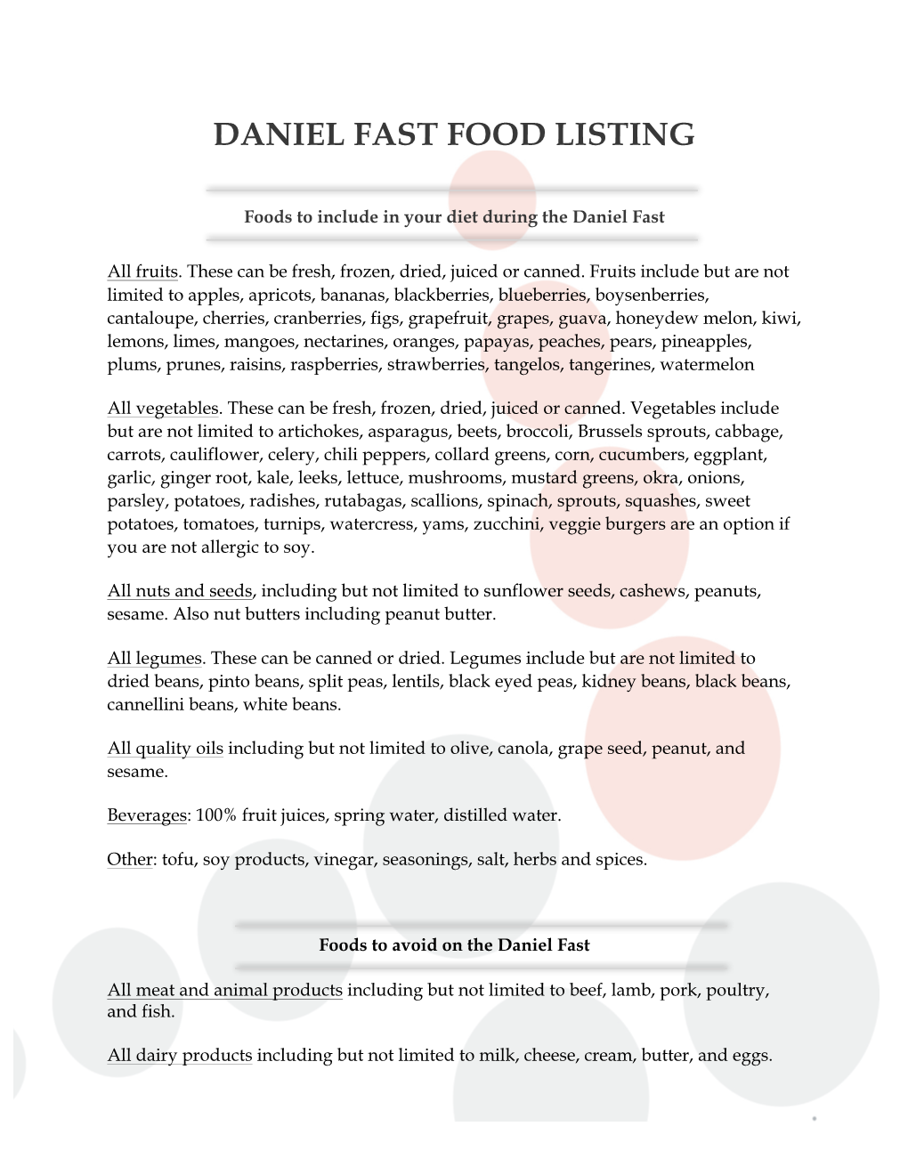 Daniel Fast Food Listing