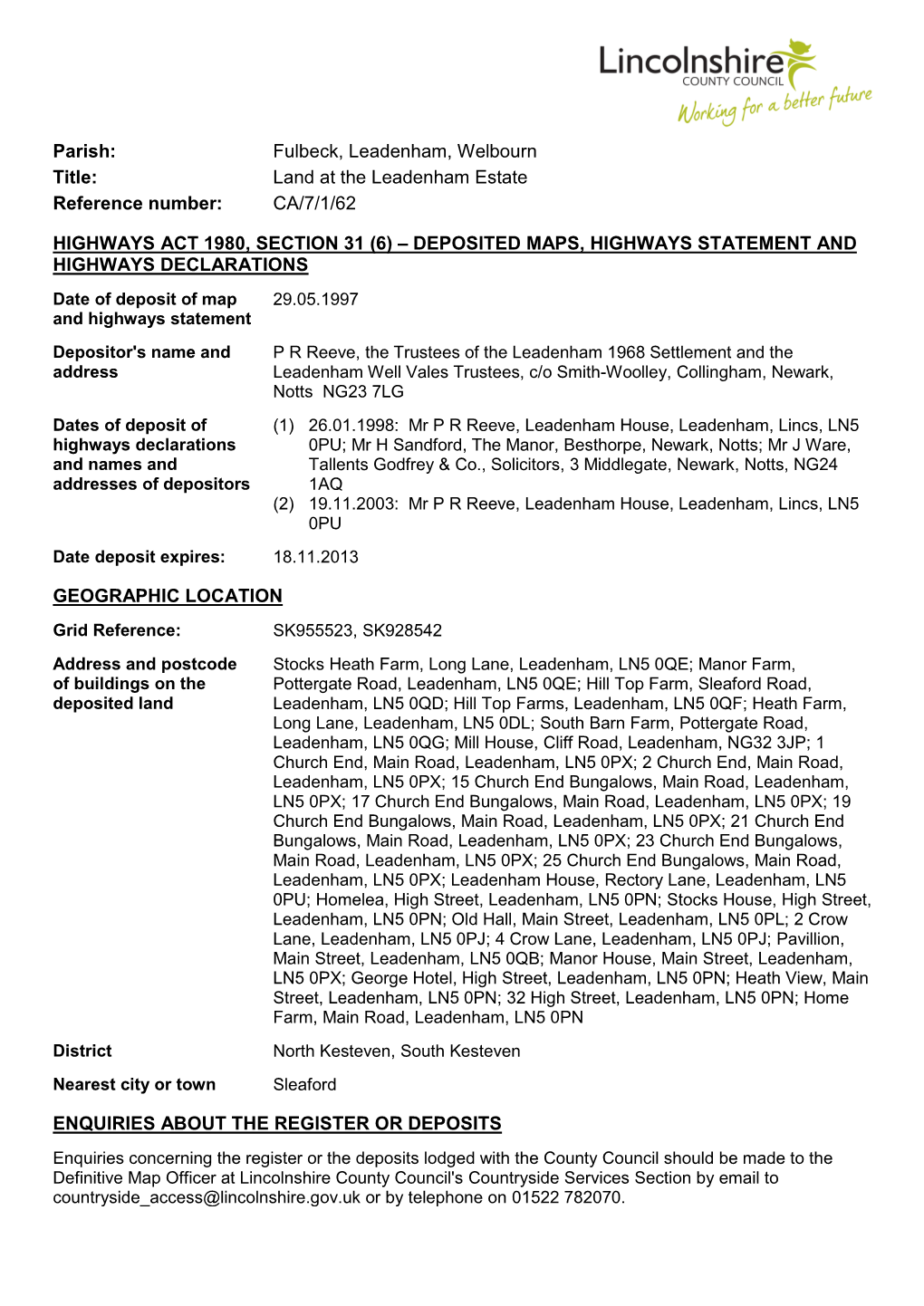 Land at the Leadenham Estate Reference Number: CA/7/1/62