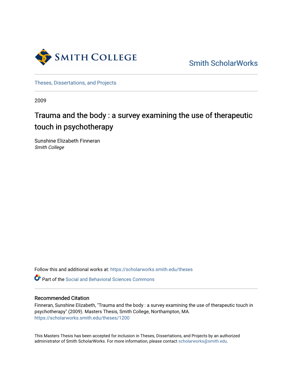 Trauma and the Body : a Survey Examining the Use of Therapeutic Touch in Psychotherapy