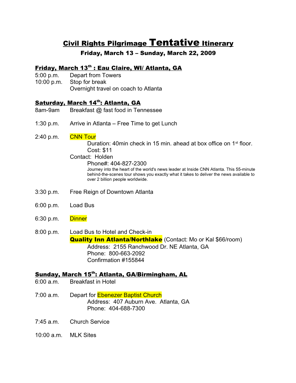 Civil Rights Pilgrimage Tentative Itinerary