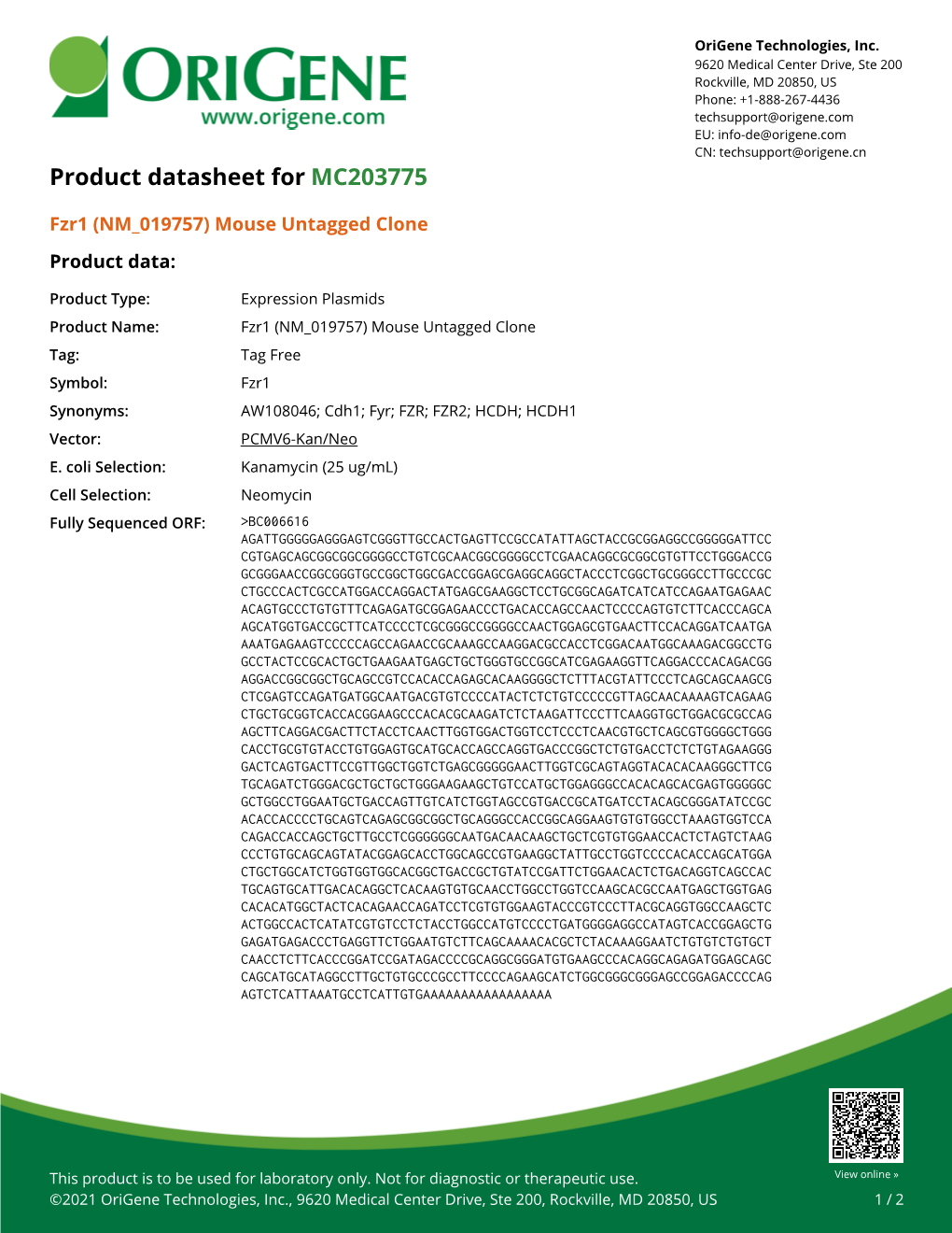 Fzr1 (NM 019757) Mouse Untagged Clone – MC203775 | Origene