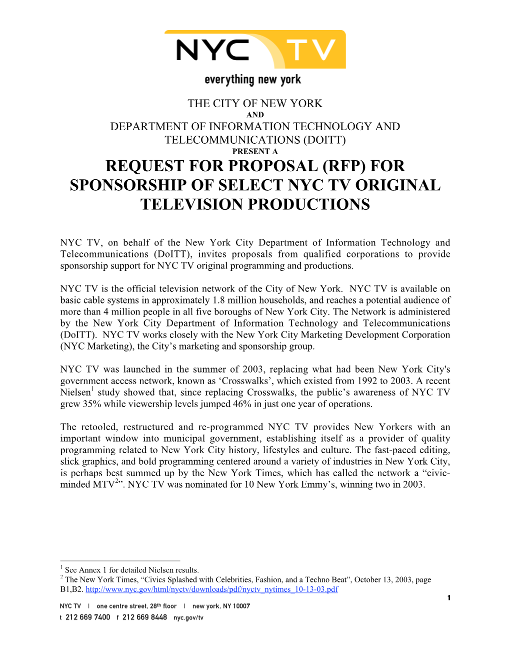 Request for Proposal (Rfp) for Sponsorship of Select Nyc Tv Original Television Productions