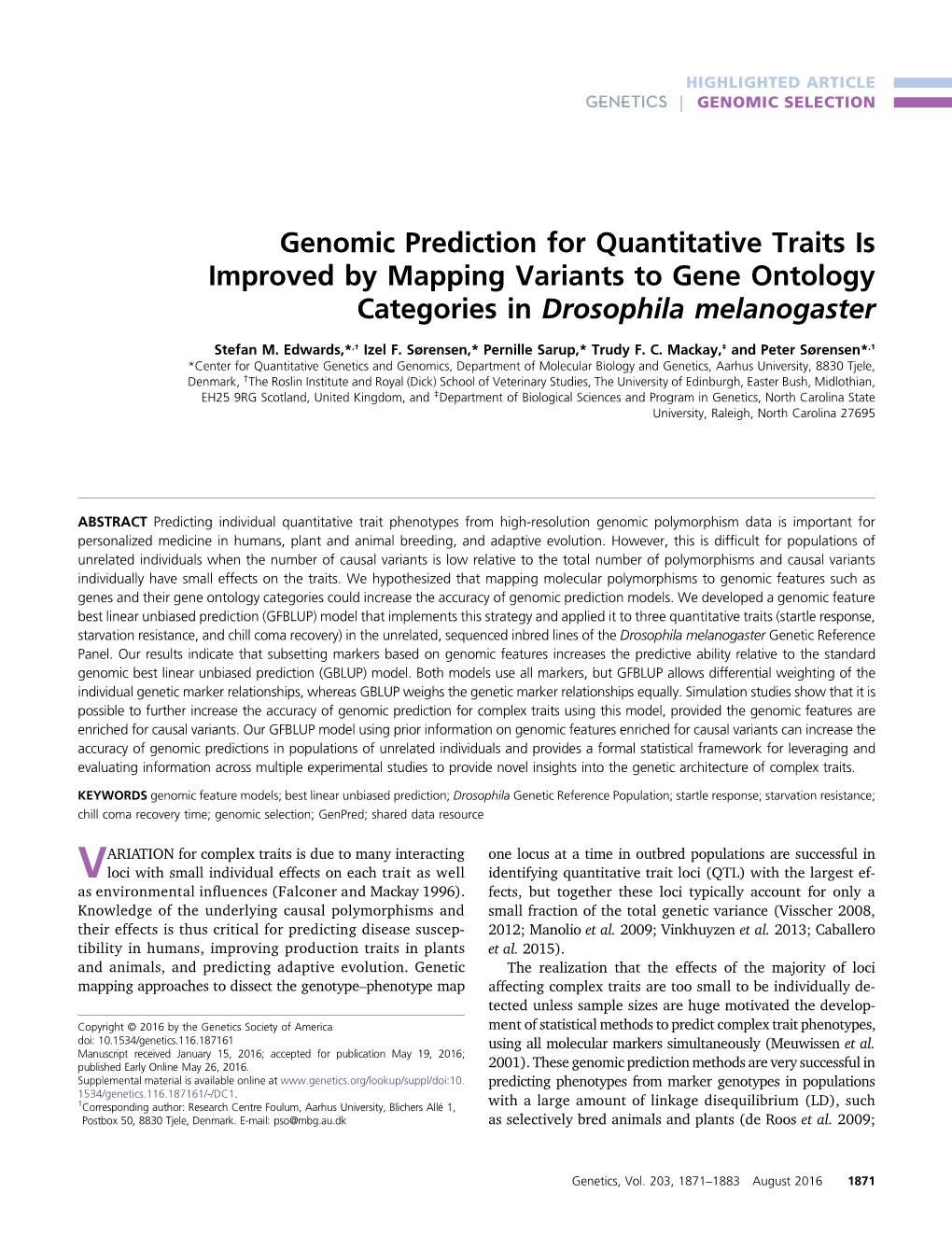 Genomic Prediction for Quantitative Traits Is Improved by Mapping Variants to Gene Ontology Categories in Drosophila Melanogaster