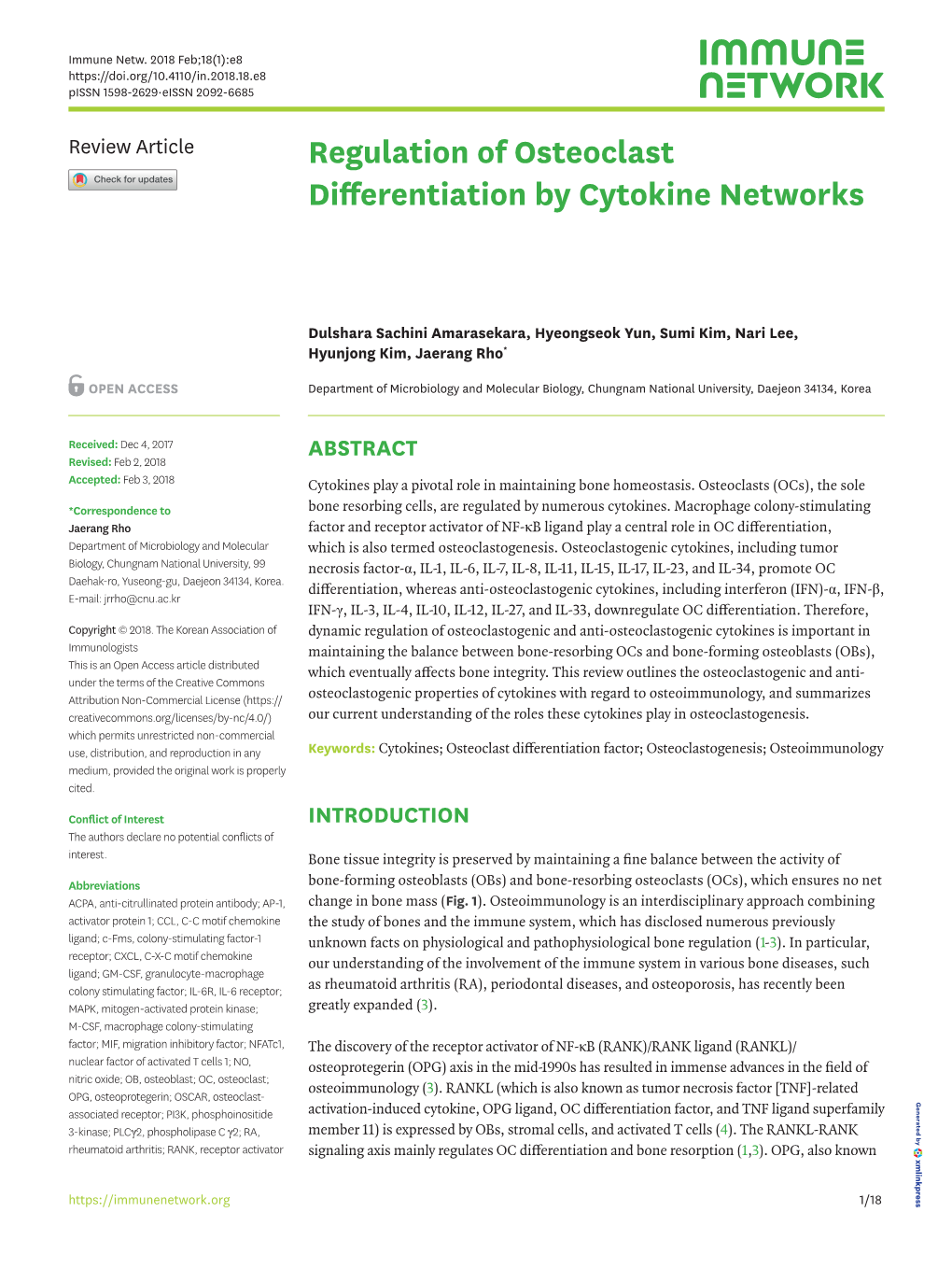 Regulation of Osteoclast Differentiation by Cytokine Networks