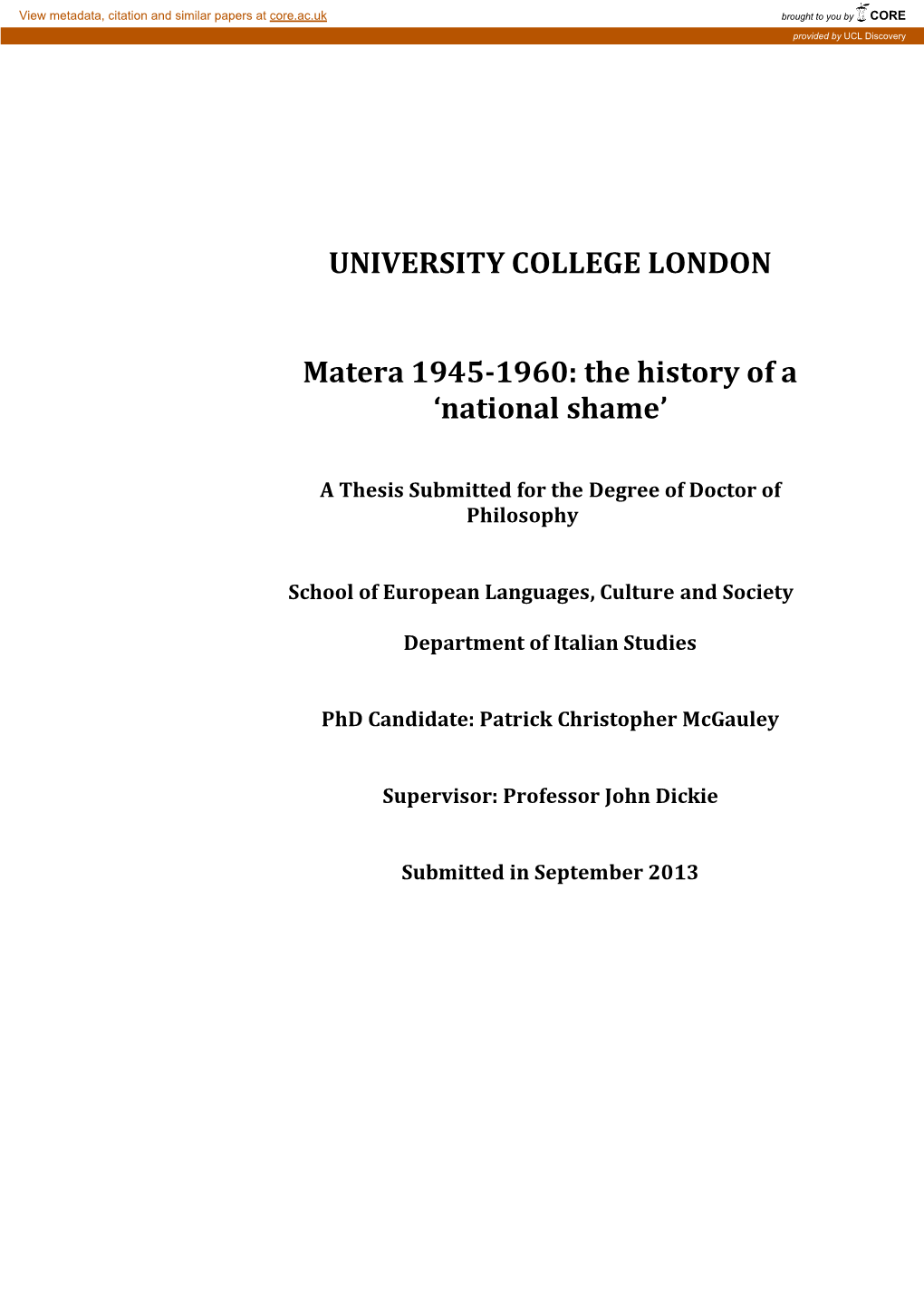 UNIVERSITY COLLEGE LONDON Matera 1945-1960: the History of A