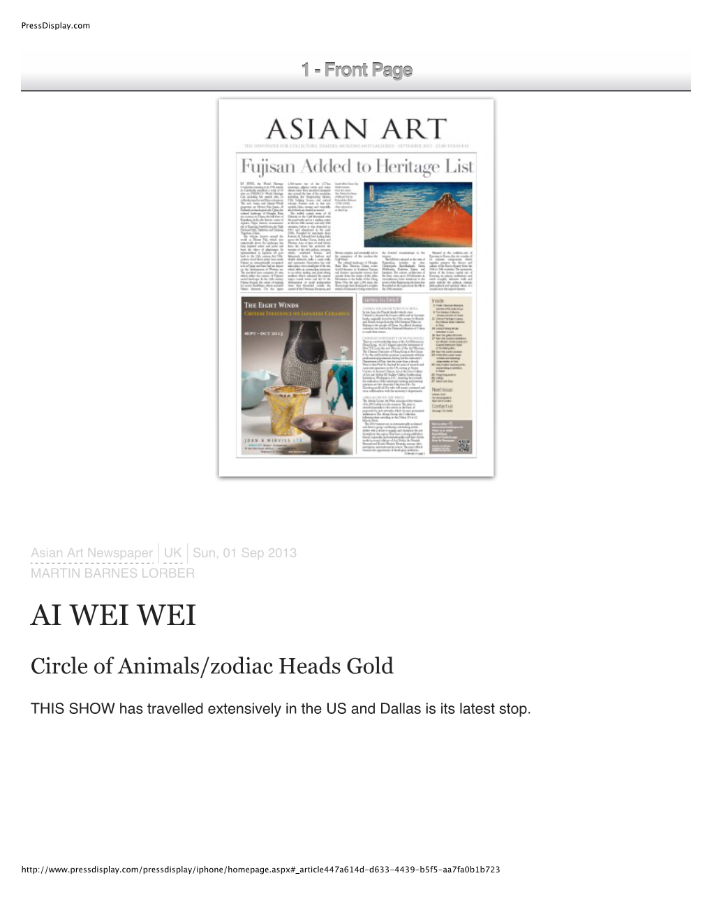 Ai Weiwei: Circle of Animals/Zodiac Heads Gold, Asian Art Newspaper UK