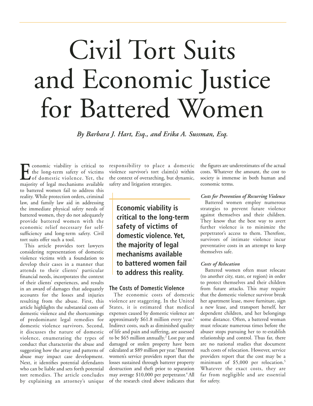Civil Tort Suits and Economic Justice for Battered Women by Barbara J