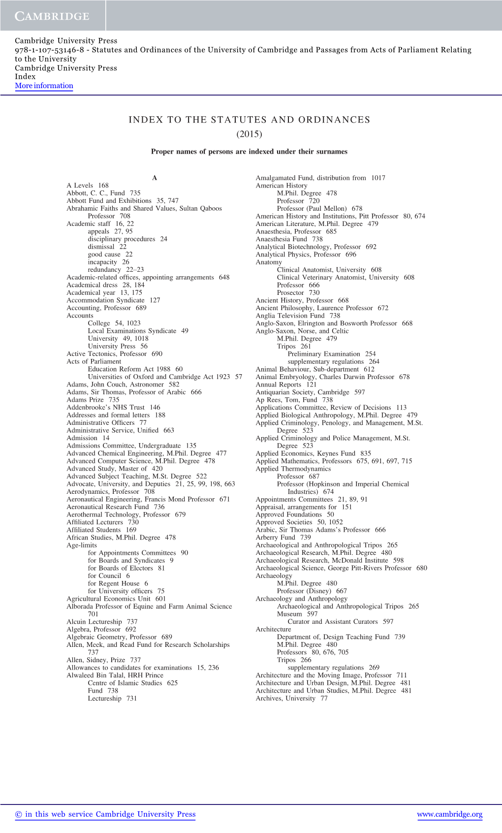 Index to the Statutes and Ordinances (2015)