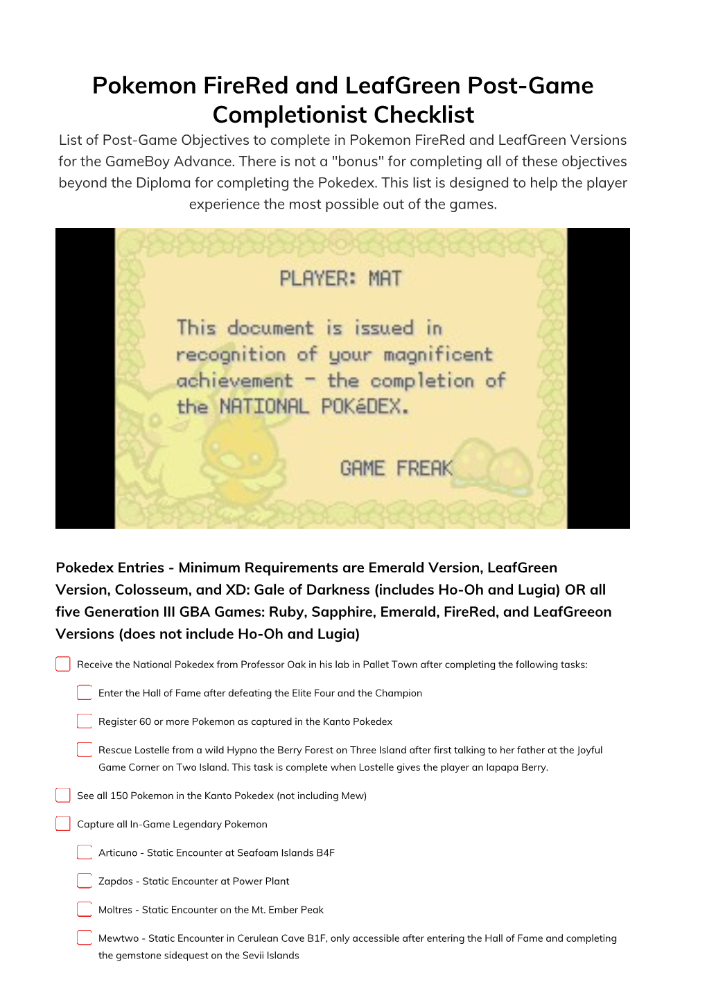 Pokemon Firered and Leafgreen Post-Game Completionist Checklist
