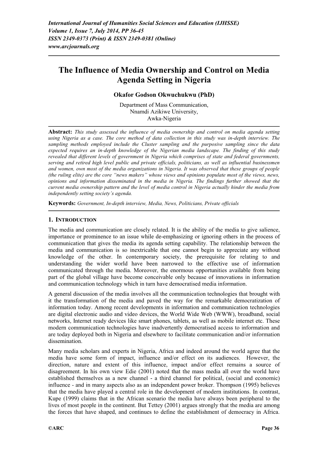 The Influence of Media Ownership and Control on Media Agenda Setting in Nigeria