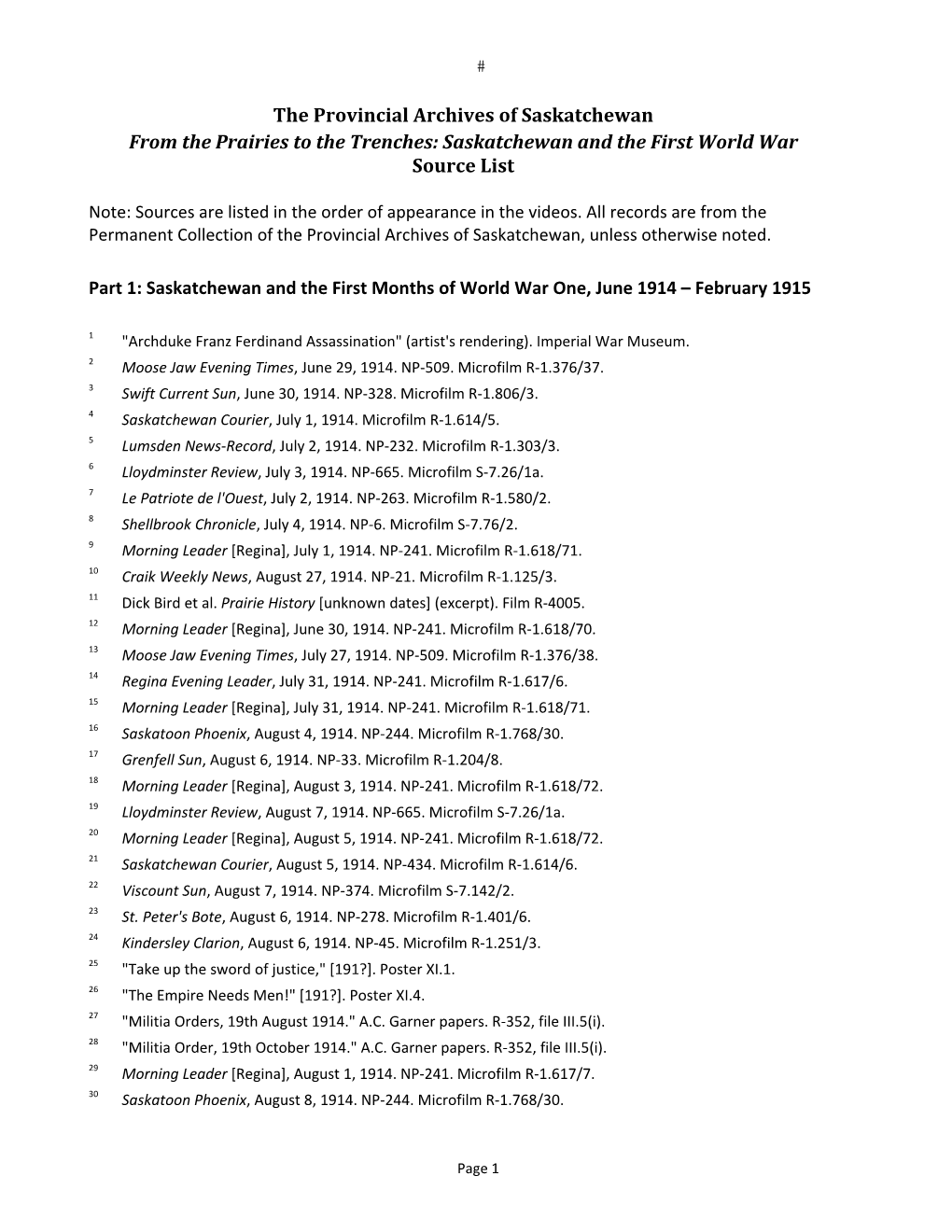 Saskatchewan and the First World War Source List