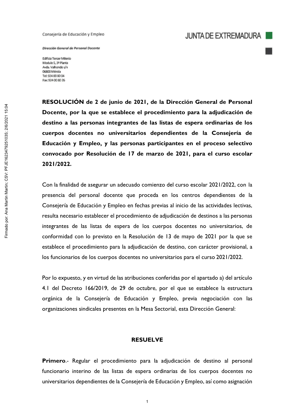 RESOLUCIÓN De 2 De Junio De 2021, De La Dirección General De